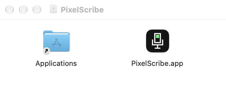 A Finder window named PixelScribe holding two icons: the Applications folder on the left and PixelScribe.app on the right.