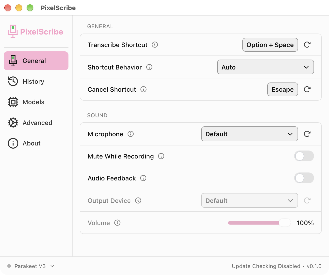 The PixelScribe window on its General page: Transcribe Shortcut set to Option + Space, Shortcut Behavior Auto, Cancel Shortcut Escape, and the microphone set to Default.