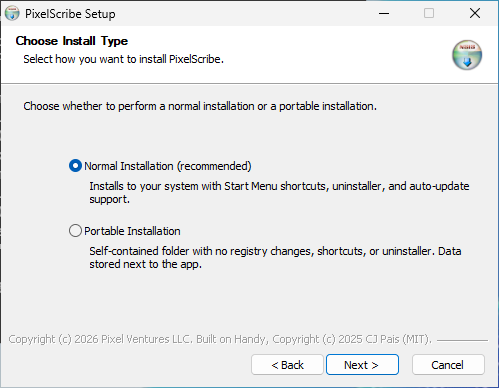 PixelScribe Setup: Choose Install Type, with Normal Installation (recommended) selected and Portable Installation below it.