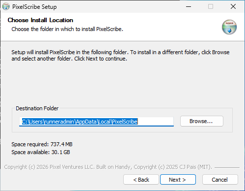 PixelScribe Setup: Choose Install Location, with a folder inside the user's AppData and Space required 737.3 MB.