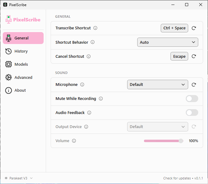 The PixelScribe window on Windows, General page: Transcribe Shortcut Ctrl + Space, Shortcut Behavior Auto, Cancel Shortcut Escape, Microphone Default.
