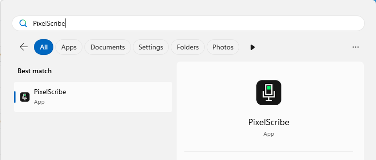 Windows Start search for PixelScribe, with PixelScribe, App, as the best match and an Open option.