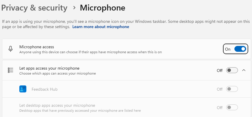 Windows Settings, Privacy and security, Microphone page, with the Microphone access switch and the Let desktop apps access your microphone row.